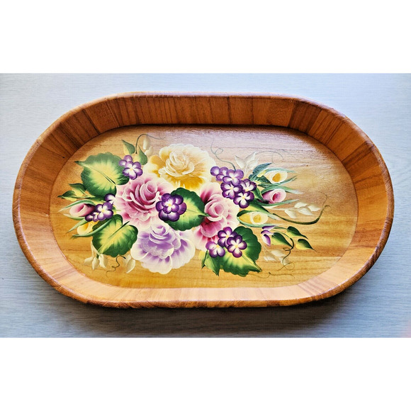 TRAY-WOODEN-HAND PAINTED-Floral-Lightweight-Artist-Bright Colors-18 in X 10 in - Picture 3 of 12